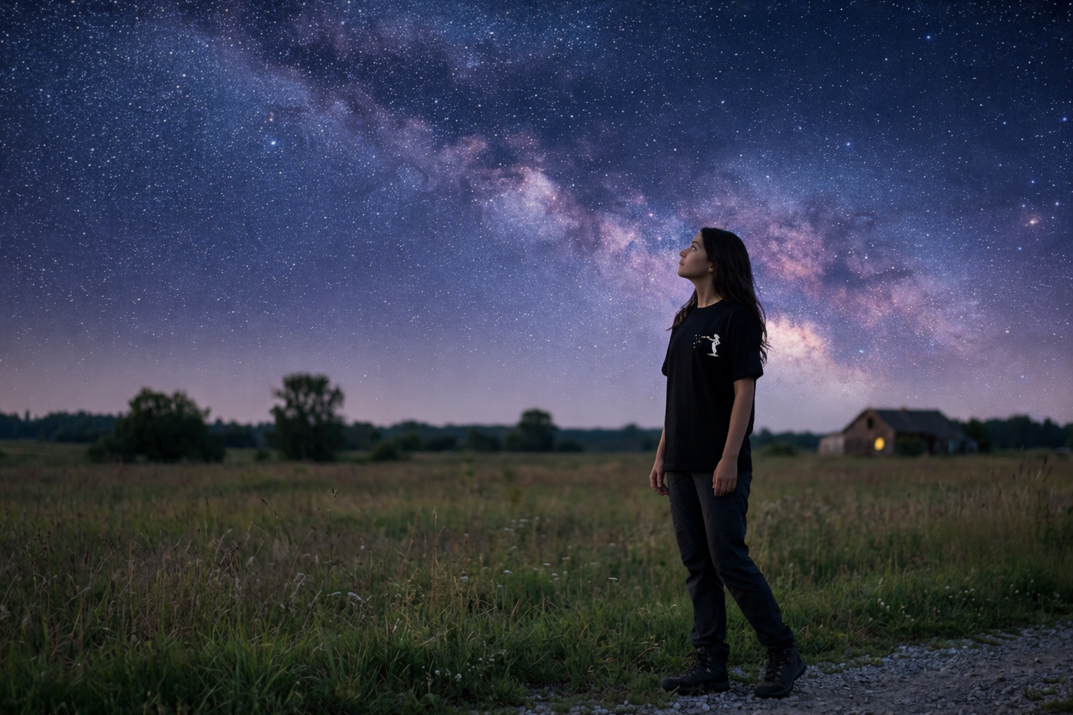 Couple standing in a rural field under a vast starry night sky